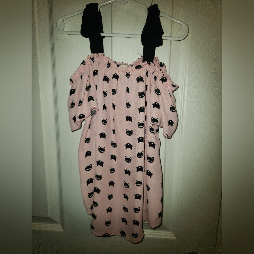 Lily Bleu Pink Cat Print Off-Shoulder Dress with Black Ties